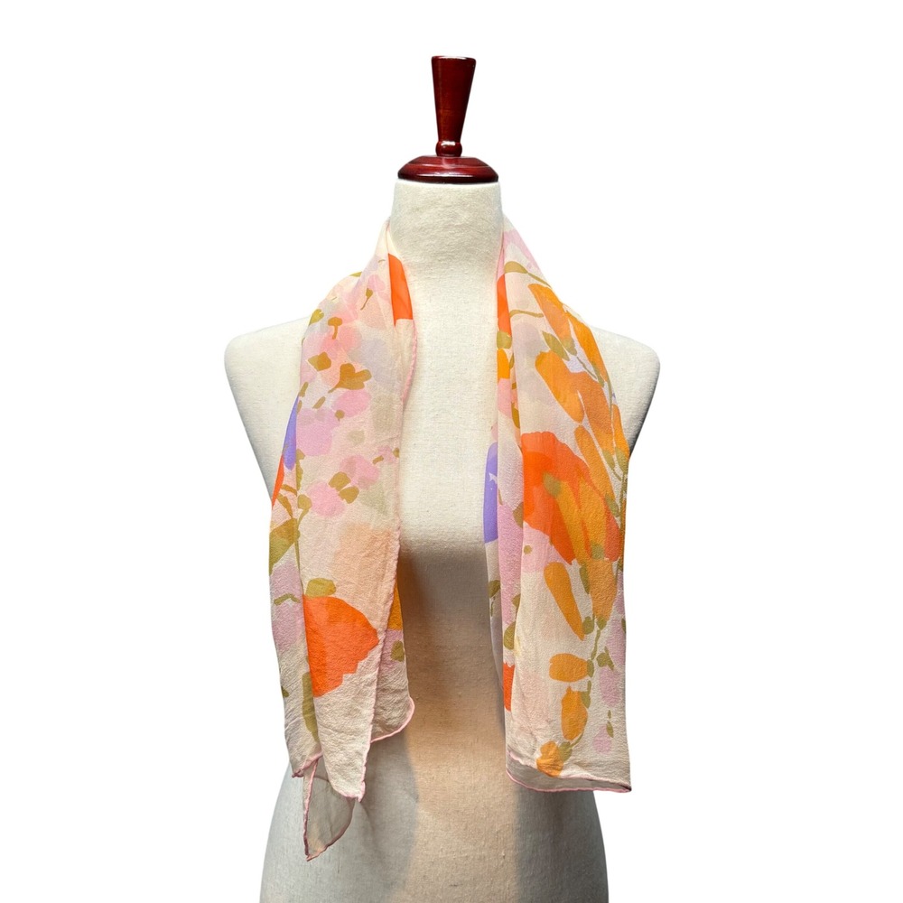 Vintage Floral Chiffon Oblong Scarf Vintage MCM Style Multi OS Artsy Lightweight